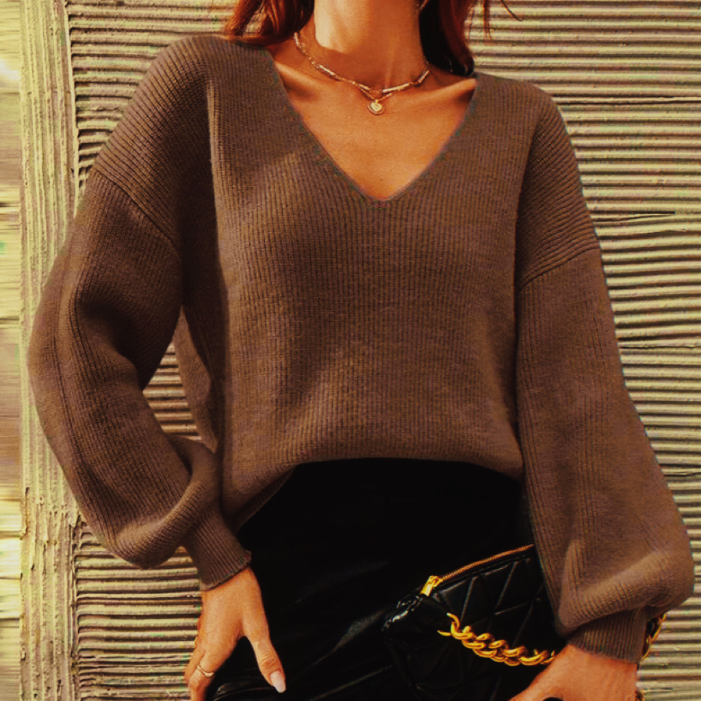 V-Neck Long-Sleeve Solid Knit Sweater