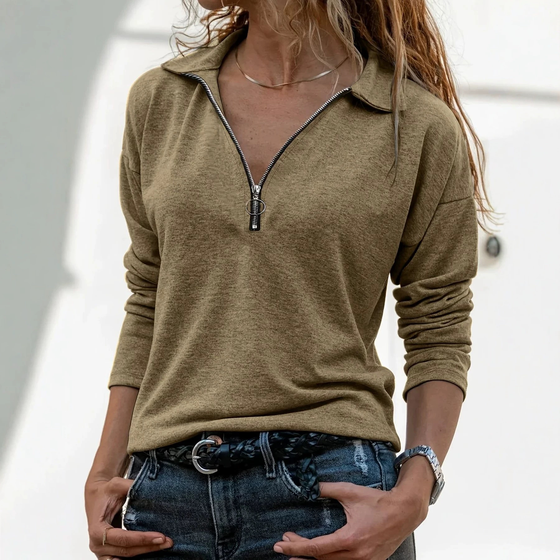 Women's Knit Collared Zip-Up Long Sleeve Casual Top