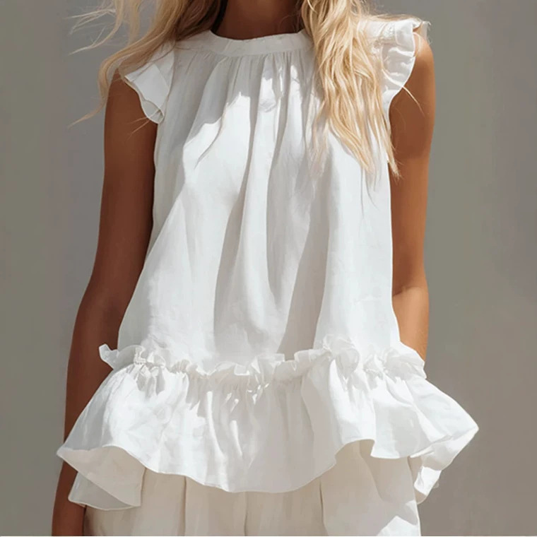 Women's White Ruffle Cami and Mid-Thigh Shorts Cotton Set