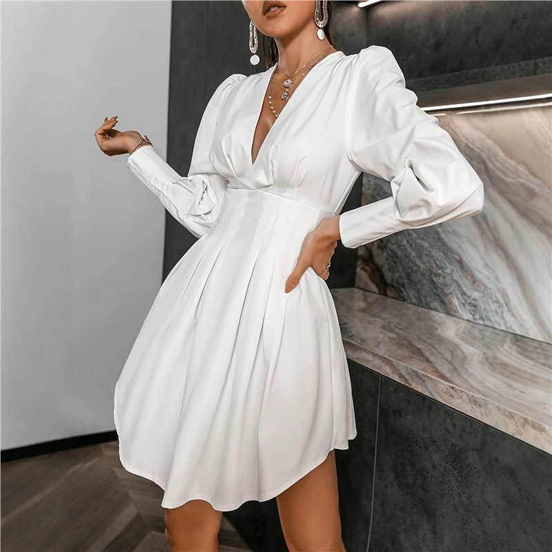 Elegant Ruched Waist Puff Sleeve V-Neck Shirt Dress