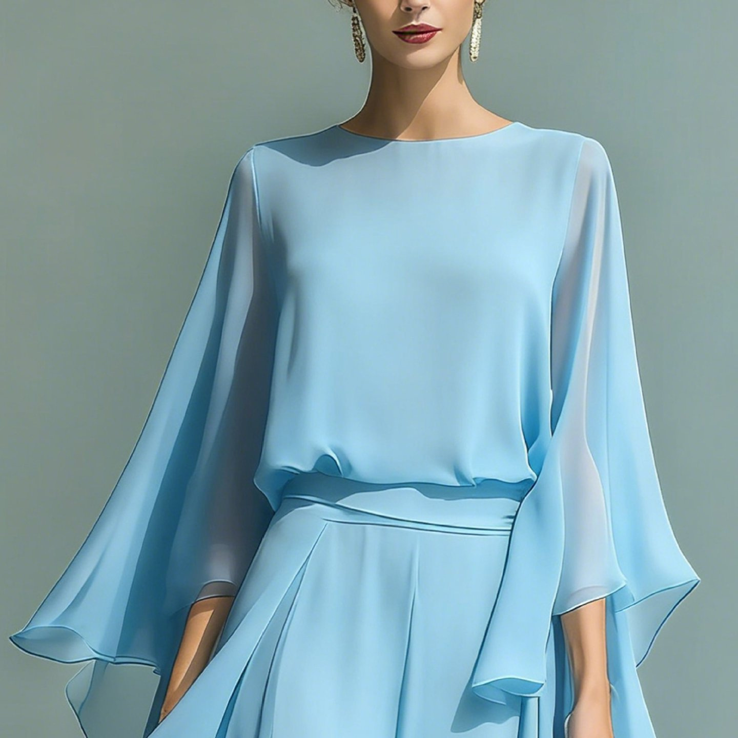 Women's Navy Chiffon Top and Straight-Leg Pants Set with Ruffle Detail