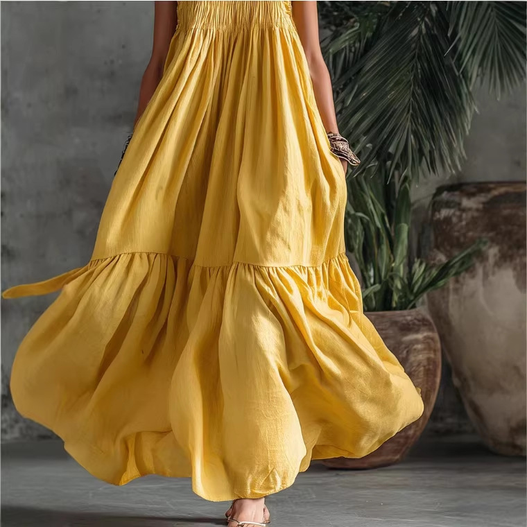 Boho Yellow Long Sleeveless Pleated Dress