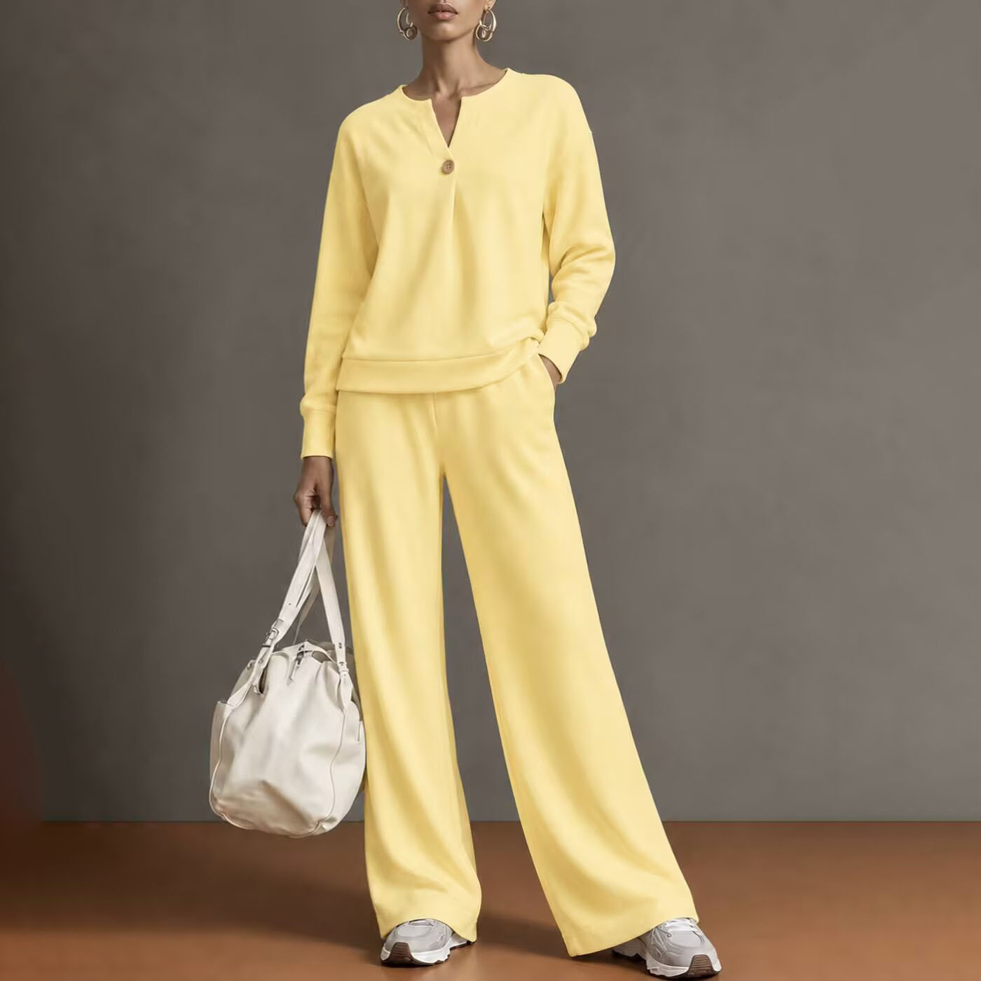 Women's Casual Solid Color Stand Collar Cardigan Sweatshirt and Wide-Leg Pants Set