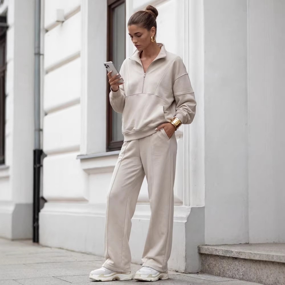 American Retro Half-Zip Stand Collar Sweatshirt & Wide-Leg Pants Set