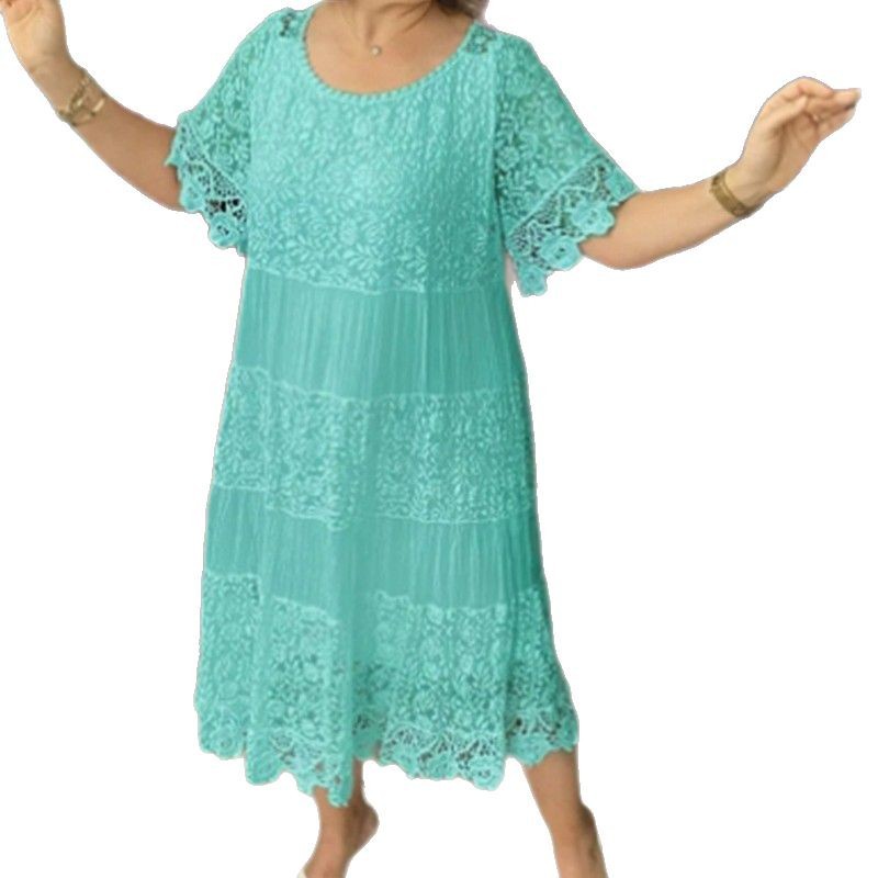 Elegant Solid Crewneck Short Sleeve Lace Trim Dress