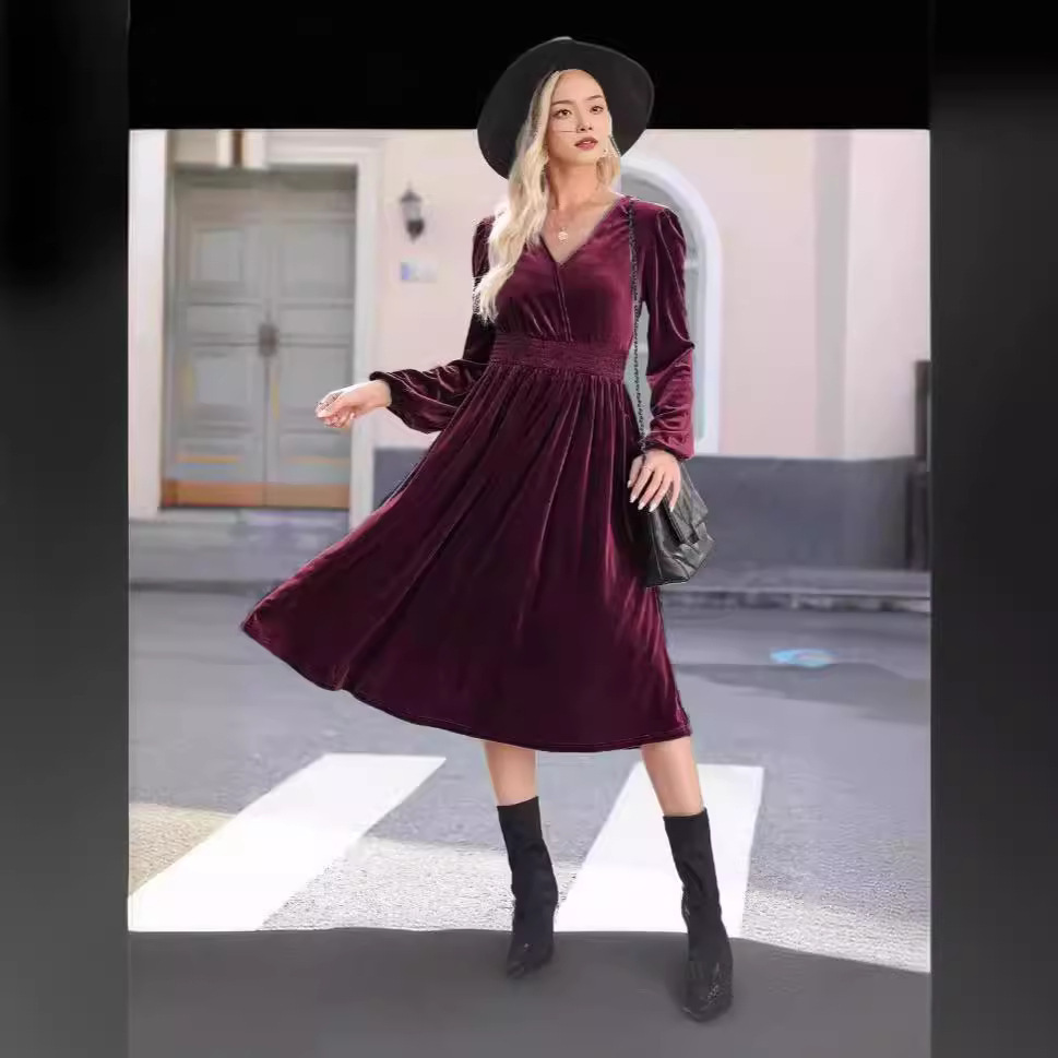 Solid Long Sleeve V-Neck Pleated High Waist A-Line Midi Dress