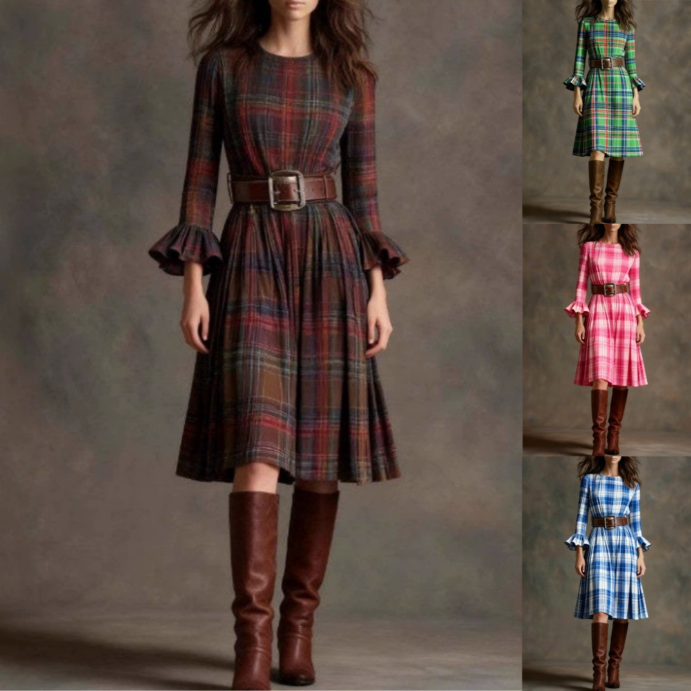 French Vintage Plaid Flare-Sleeve Midi Dress
