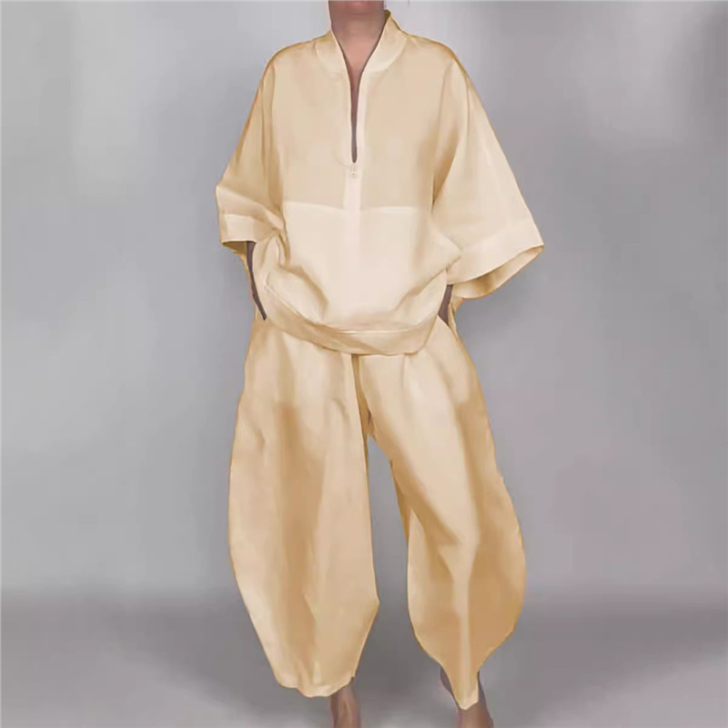 Relaxed Solid Half-Zip Top and Bloomer Pants Set