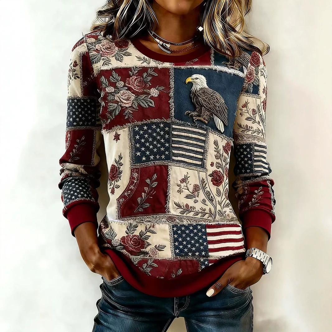 Women's Floral Plaid Print Crewneck Pullover Sweatshirt