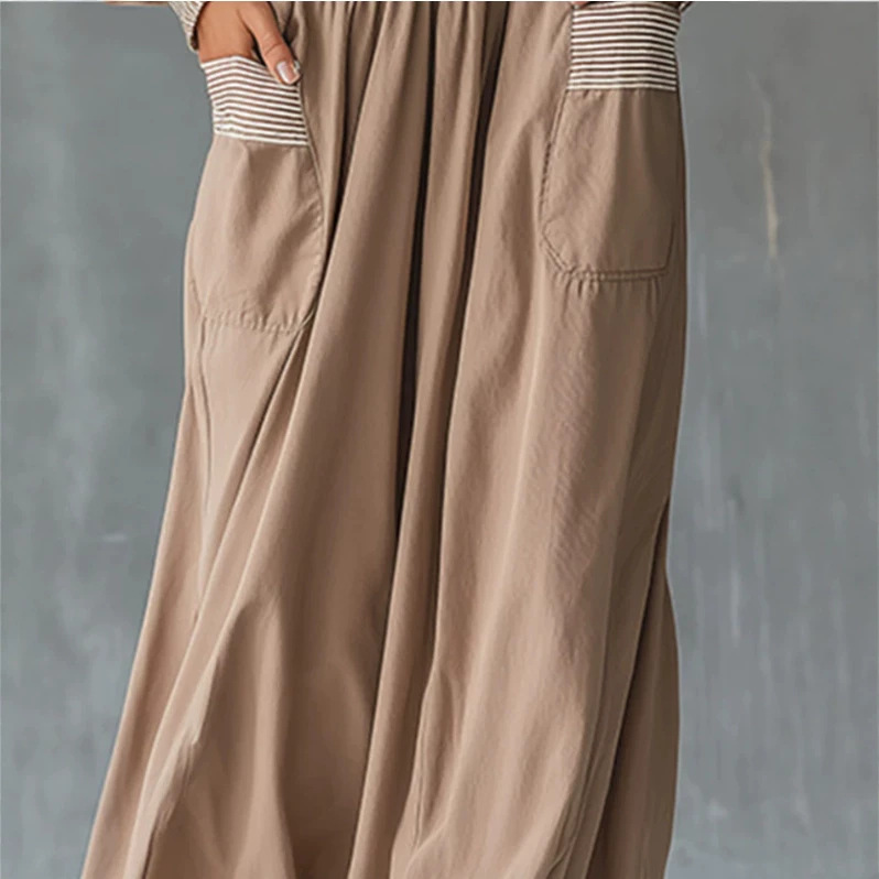 Elegant Striped-Trim Off-Shoulder Khaki Top and Skirt Set