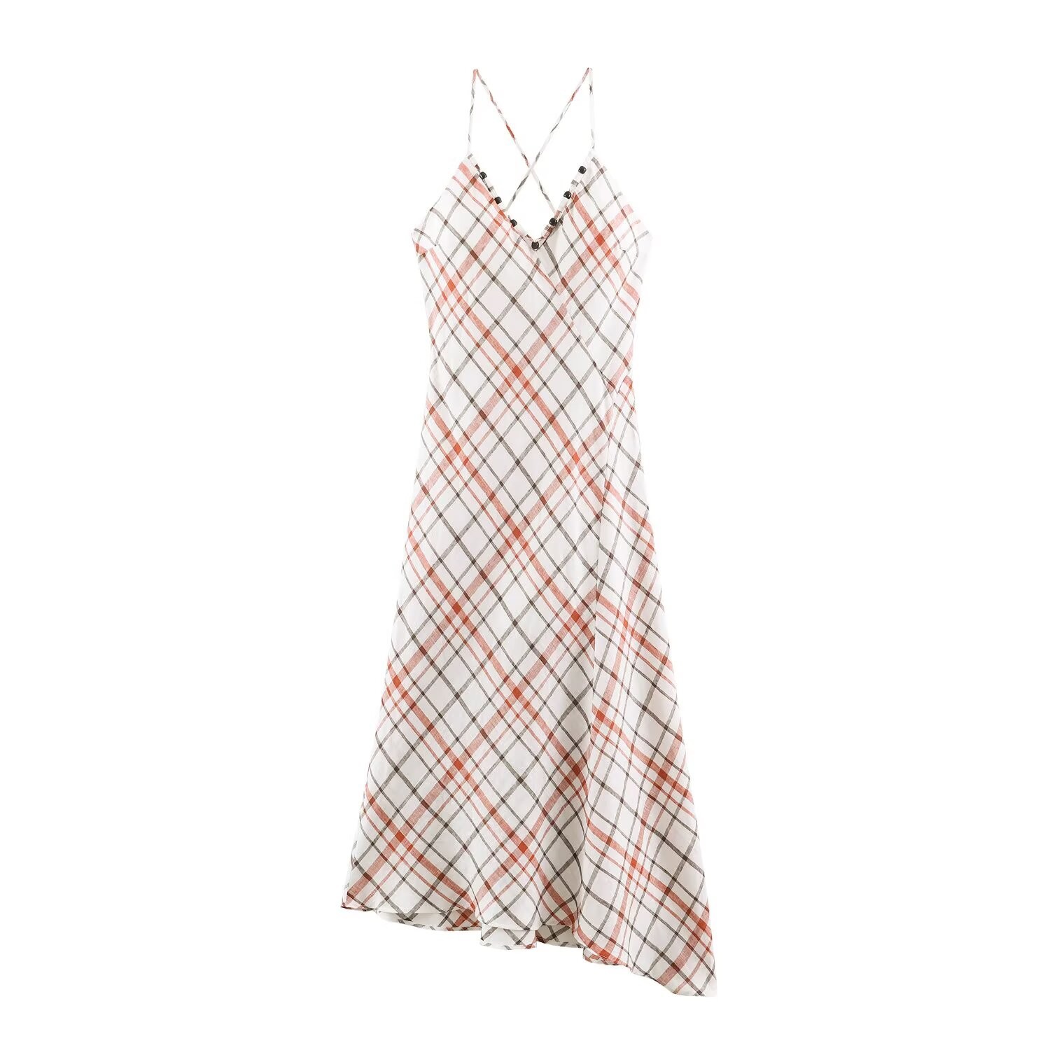 Women's Plaid Halter Neck Midi Dress Sleeveless V-Neck Tie Waist