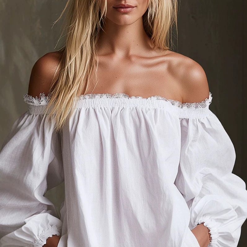 Vintage White Lace Off-Shoulder Long-Sleeve Fringe Mini Dress
