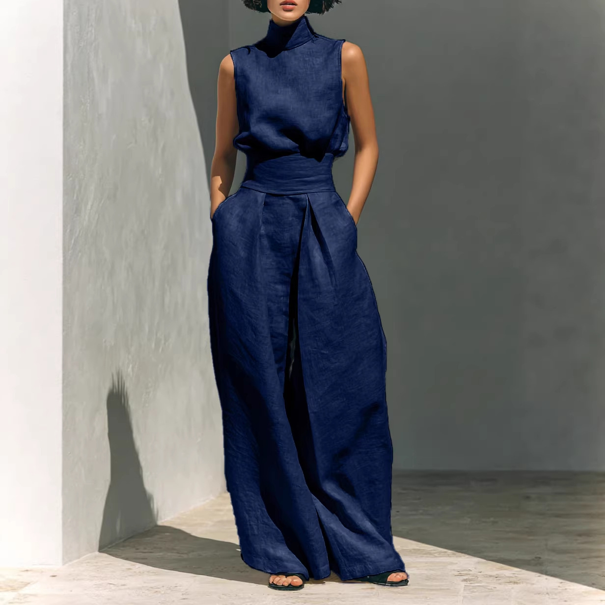 Cotton-Linen Sleeveless Top and Pants Casual Set
