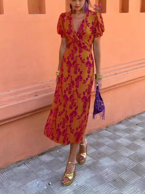Women's Pleated Floral Print V-Neck Short Sleeve Midi Dress