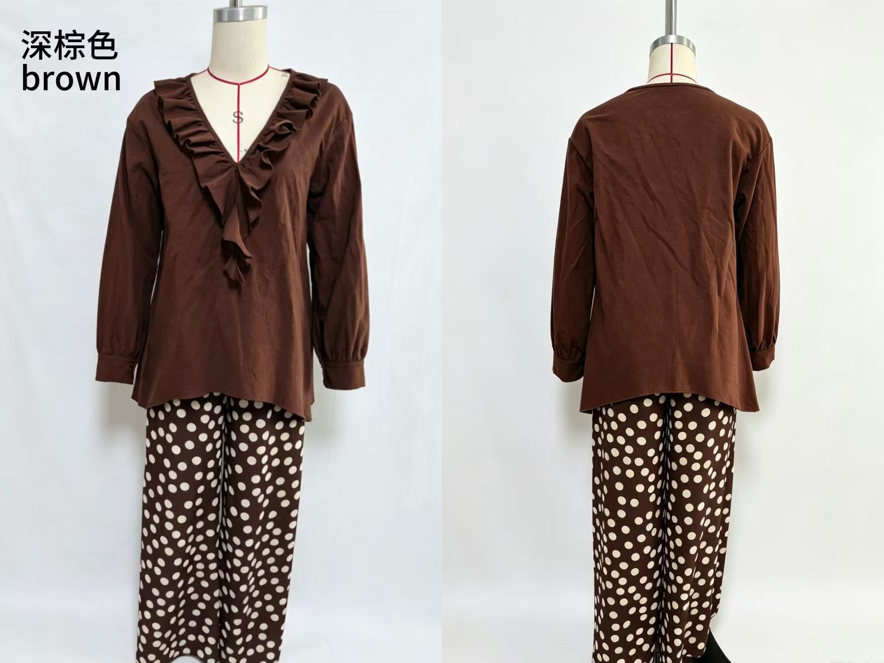 Ruffle V-Neck Long Sleeve Shirt and Pants Two-Piece Set