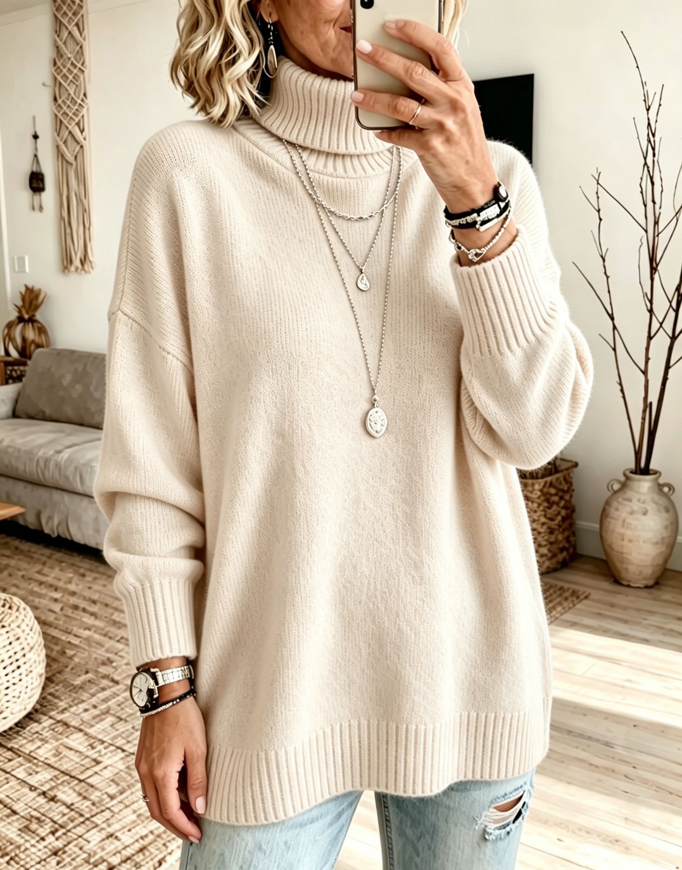 Women's Turtleneck Sweater Loose Knit Pullover Soft Thickened Base Layer
