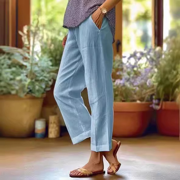 Women's Cotton-Linen Loose Straight-Leg Pants with Elastic Waist and Pockets