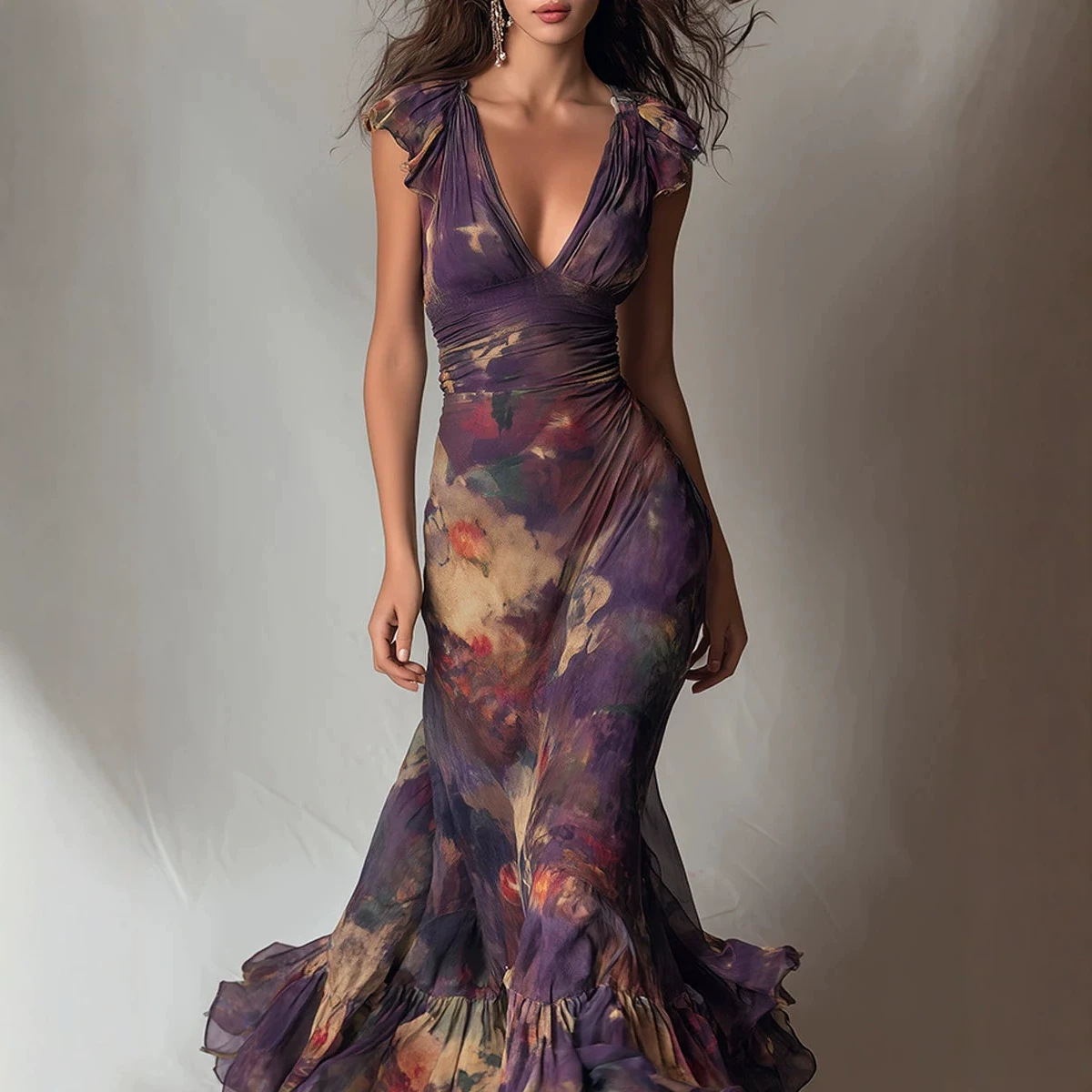 Deep V Ruffled Sleeve Purple Tie-Dye Print Mermaid Maxi Dress