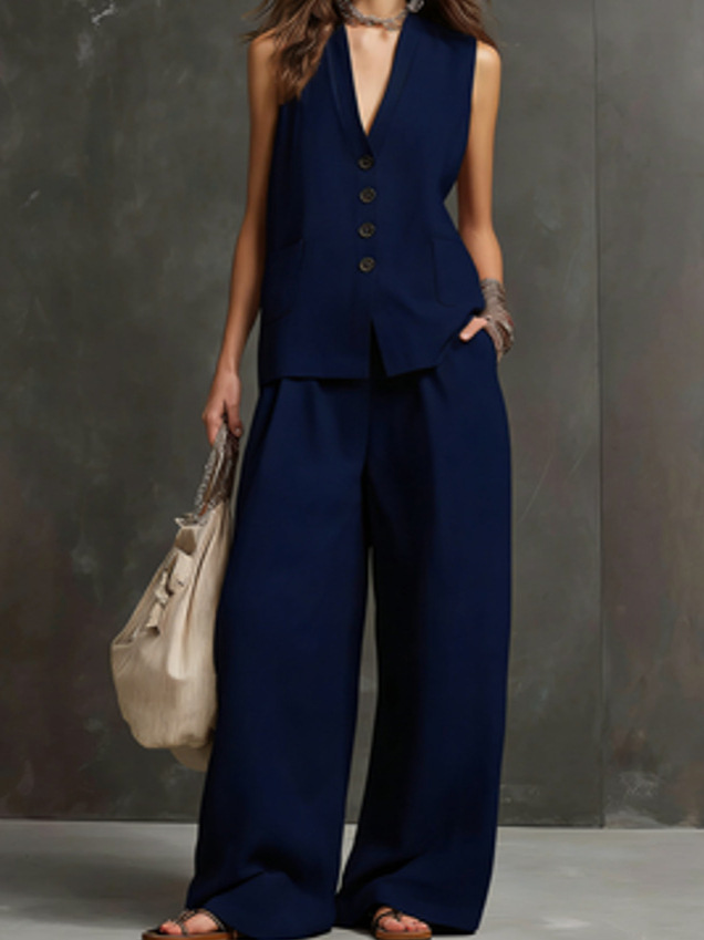 Women's Sleeveless Button Two-Piece Pant Set