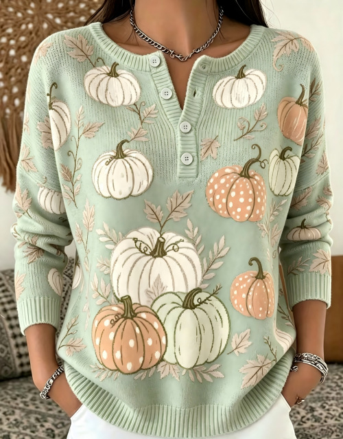 Women's Pumpkin Print Button-Up Casual Sweatshirt