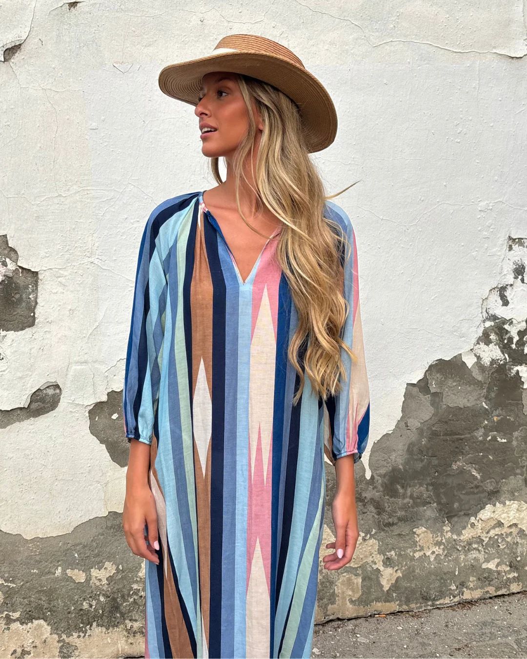 V-Neck Floral Print Loose A-Line Midi Dress Ice Silk Crinkle