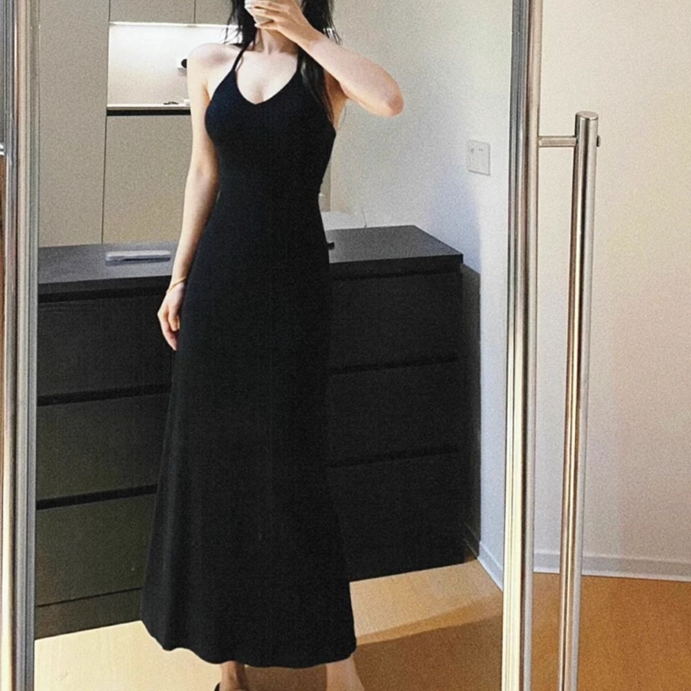 Open-Back Halter A-Line Midi Dress Slim Fit