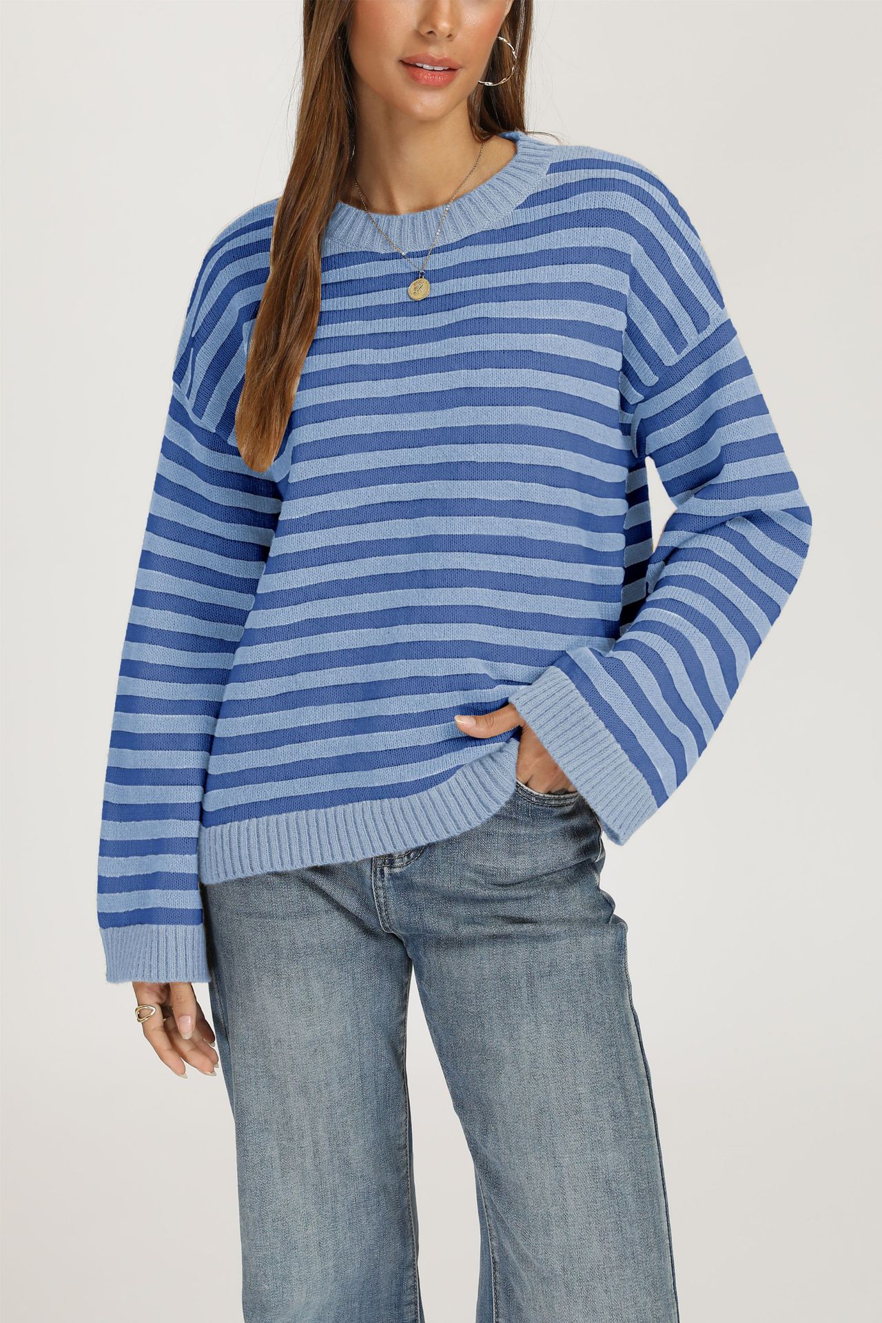 Striped Knit Pullover Sweater, Loose Fit Crew Neck Long Sleeve