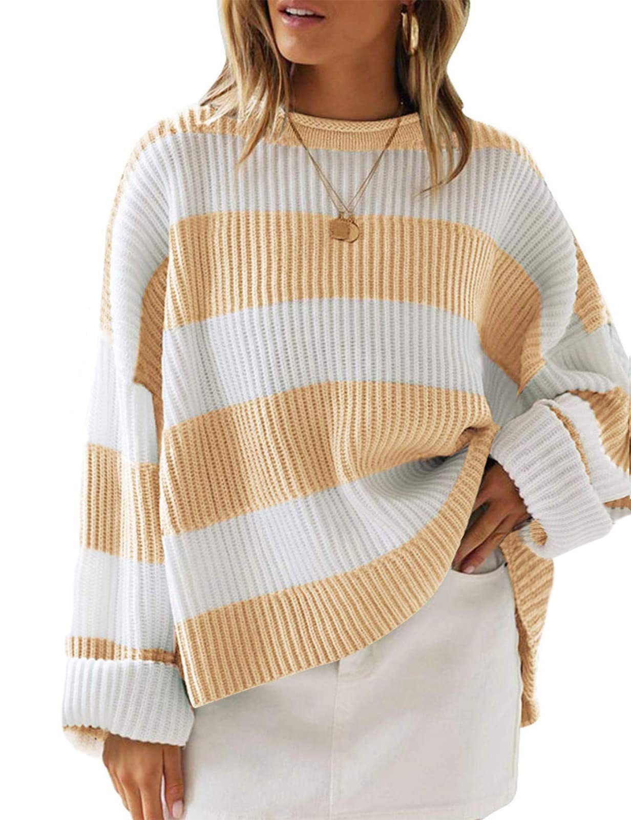 Striped Crewneck Long-Sleeve Knit Sweater