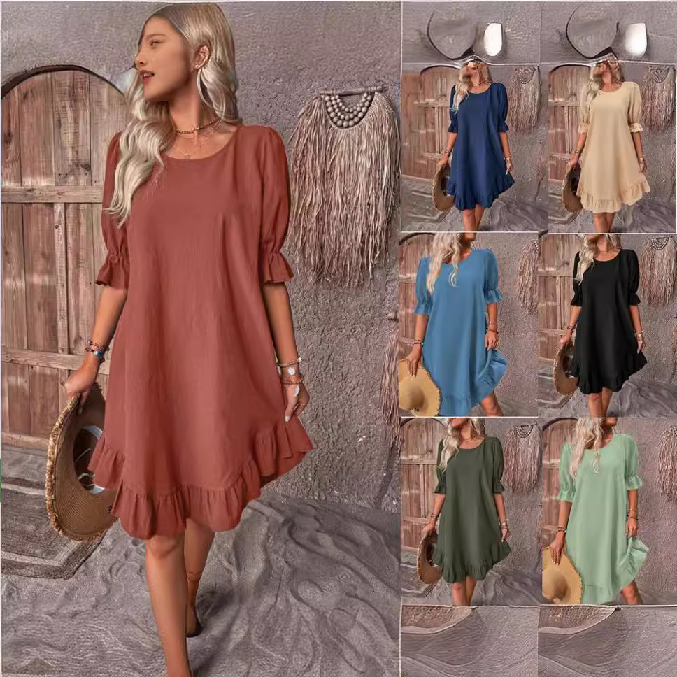 Women's Vintage Cotton-Linen Midi Dress Short Sleeve Round Neck Solid Color Loose Flared