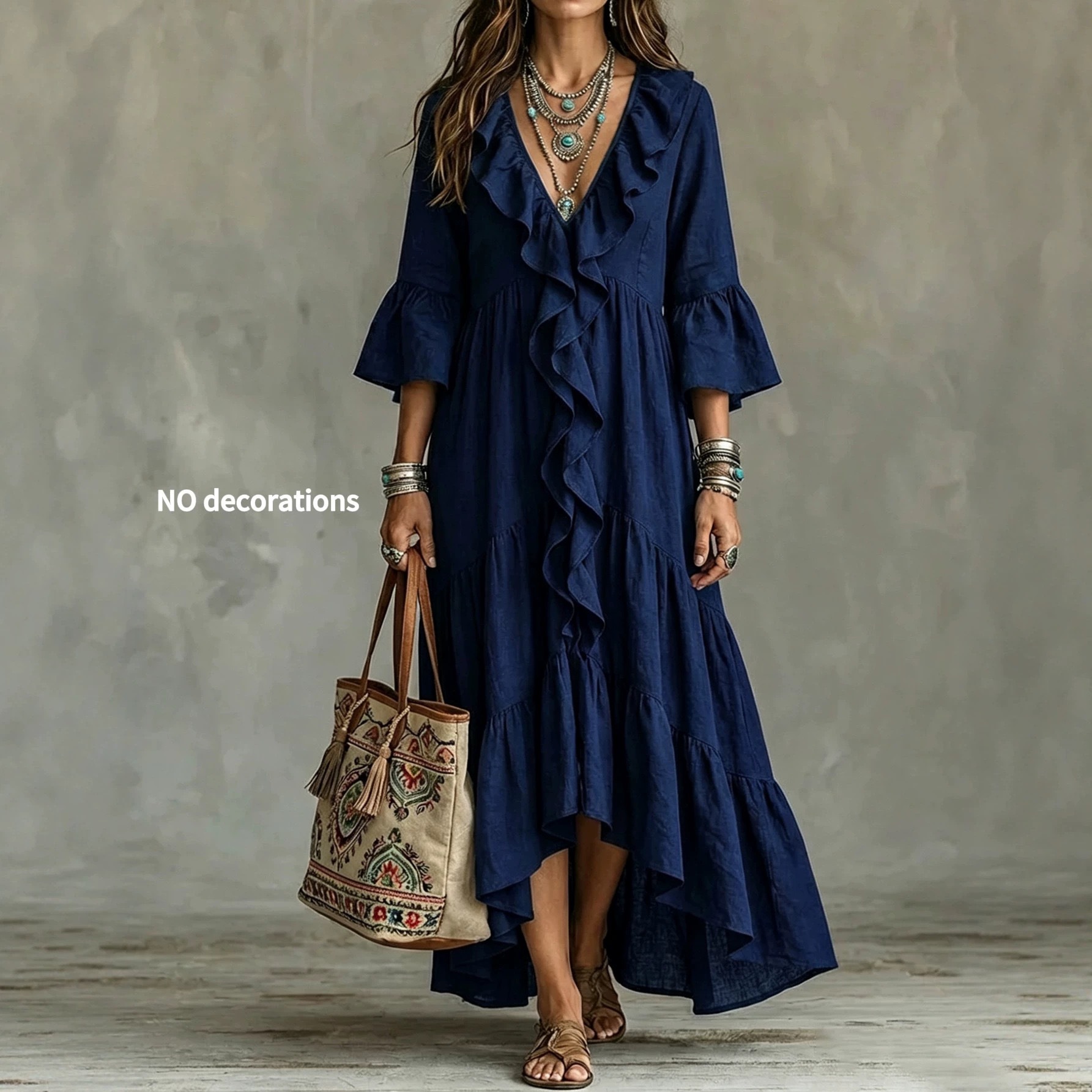 V-Neck Ruffle Bell Sleeve Midi Dress