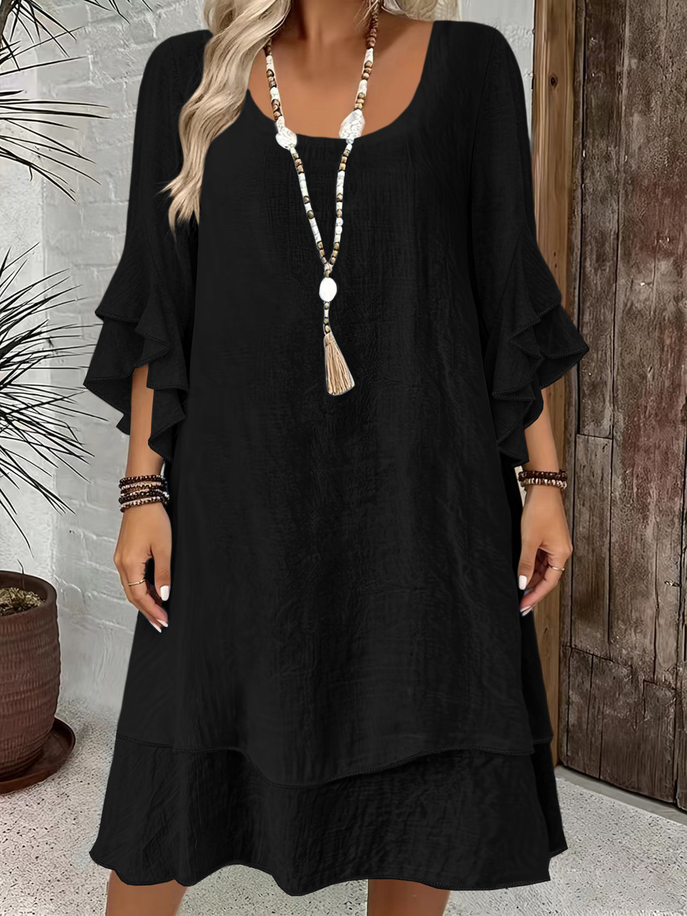 Elegant Ruffle Bell Sleeve Round Neck Midi Dress