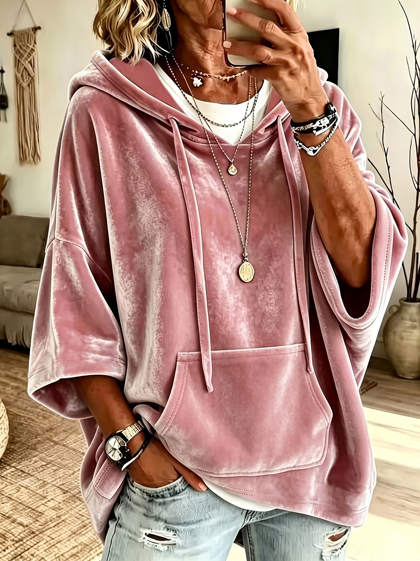 Velvet Hooded Sweatshirt Solid Color Plus Size Pullover with Pocket