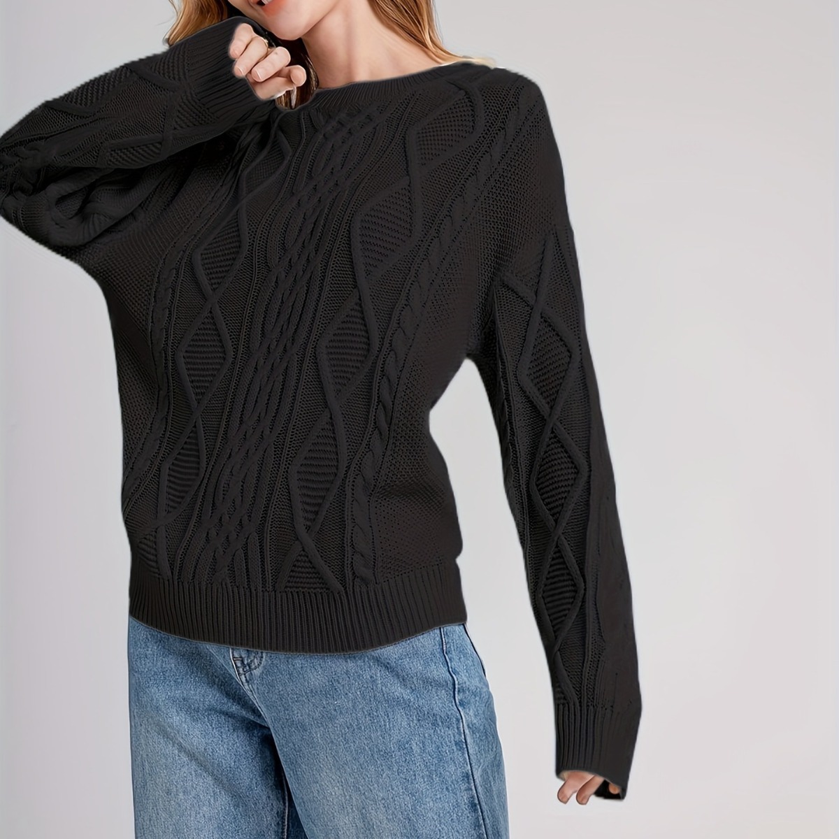 White Cable Knit Sweater Women's Long Sleeve Crewneck Geometric Pullover