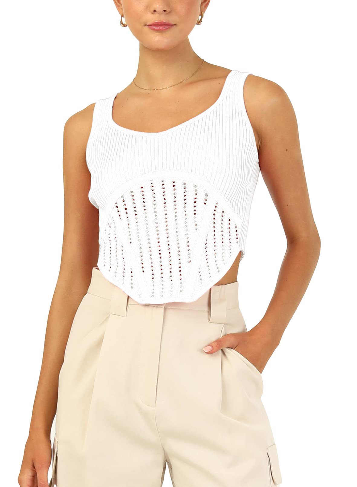 Women's Sleeveless Round Neck Asymmetric Cropped Knit Top