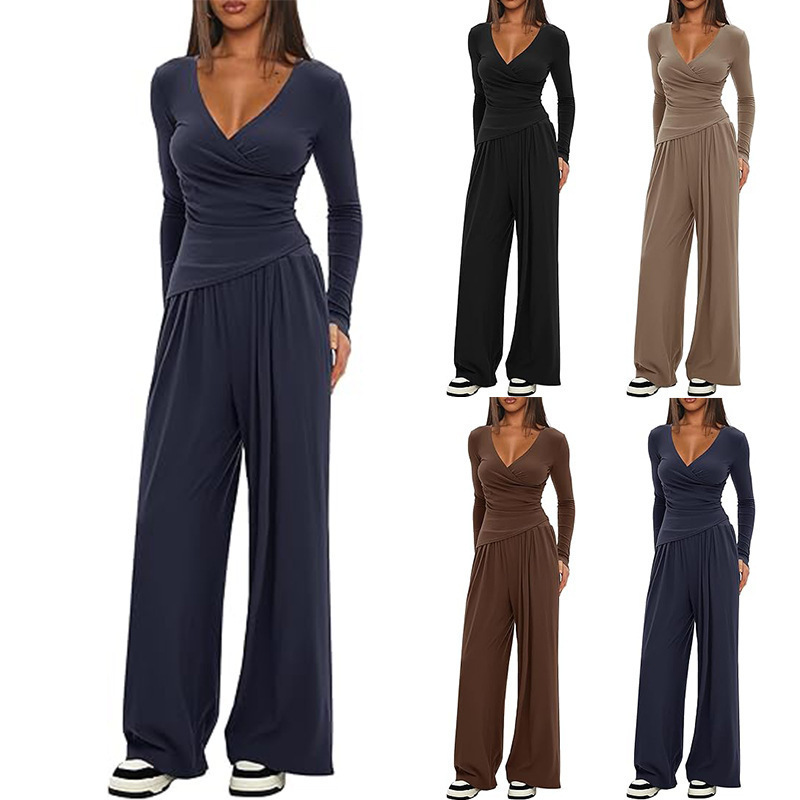 Solid Color 2-Piece V-Neck Long Sleeve Wide Leg Pants Lounge Set