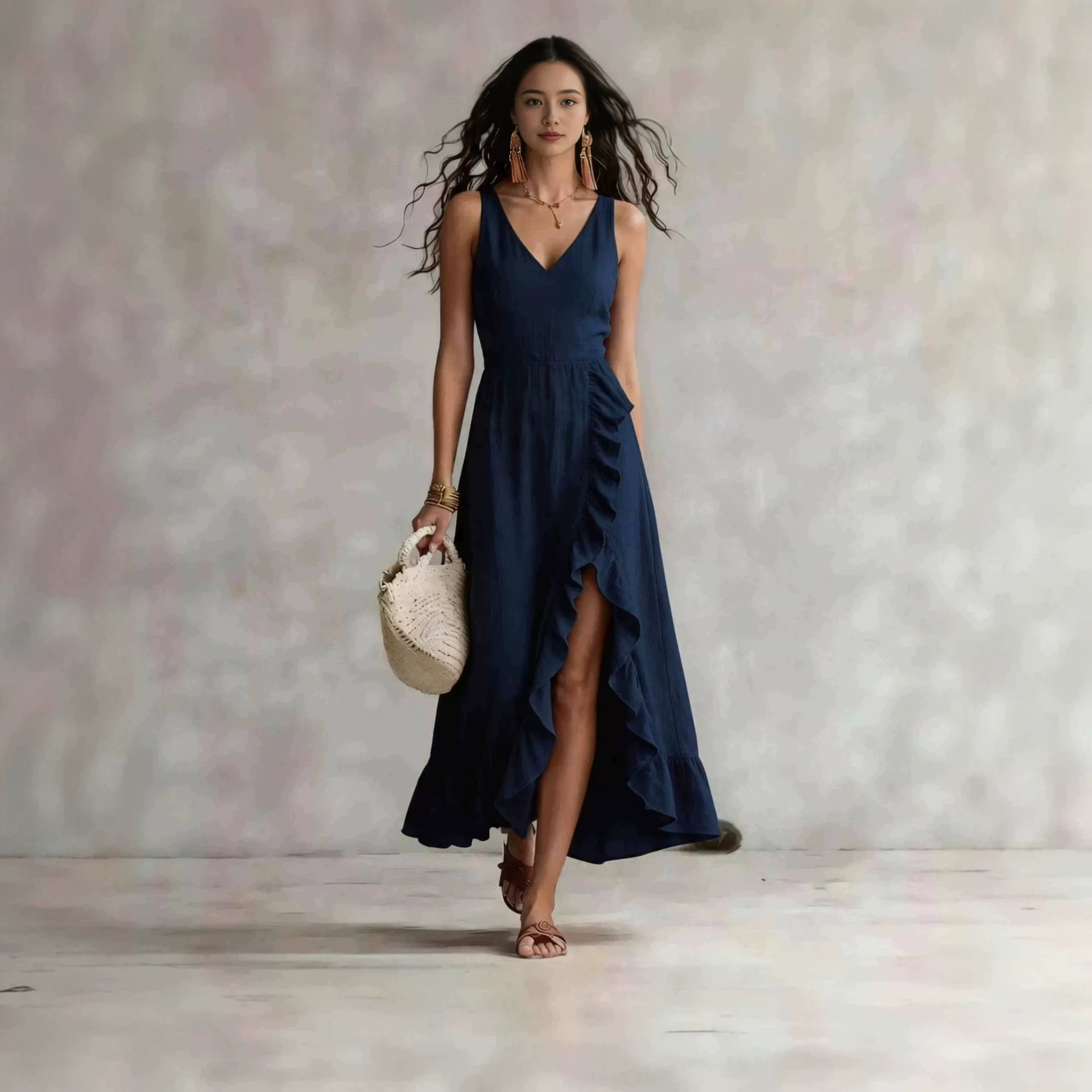 Bohemian V-Neck Sleeveless Ruffle Slit Maxi Dress
