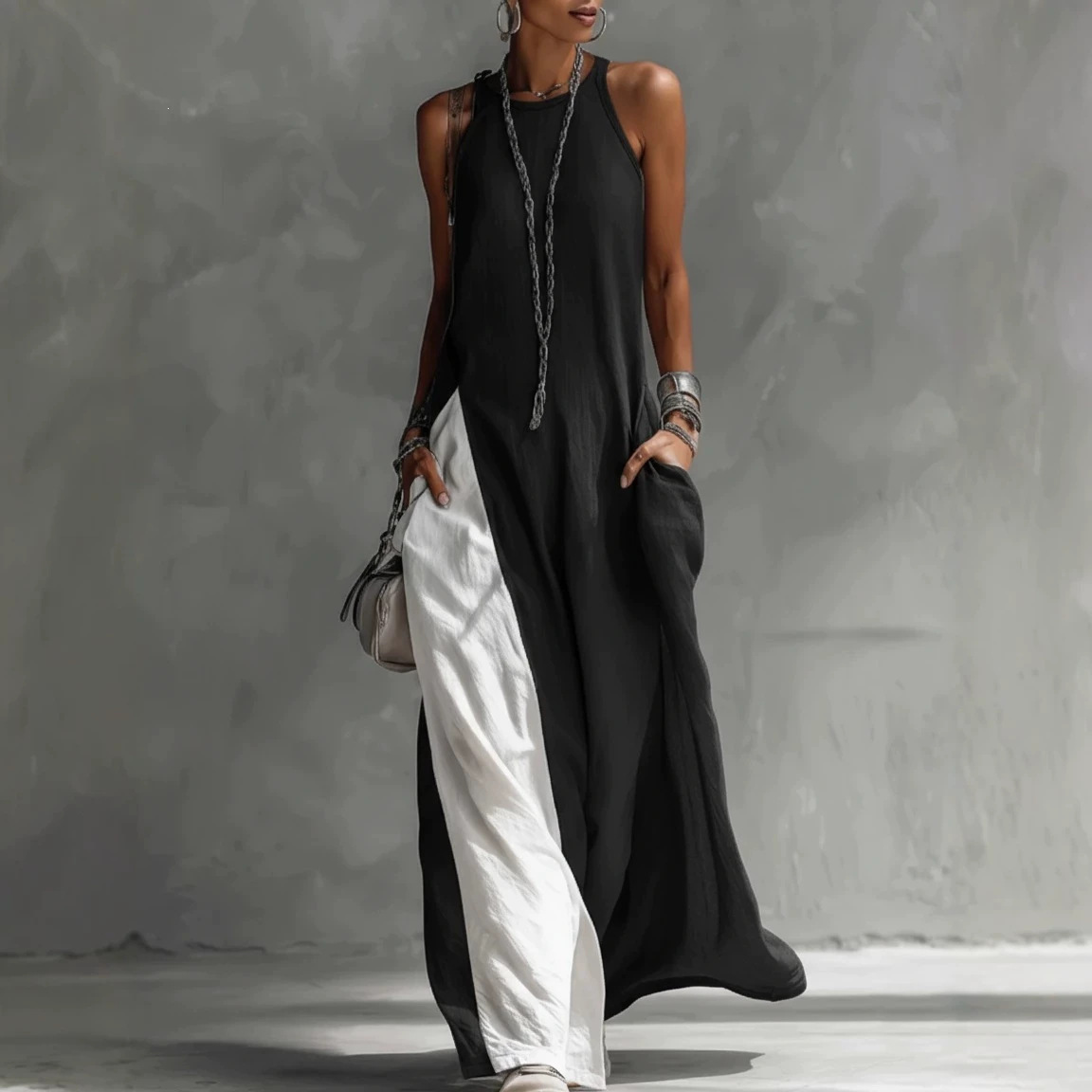 Women's Sleeveless Loose Pocket Colorblock Off-Shoulder Casual Dress