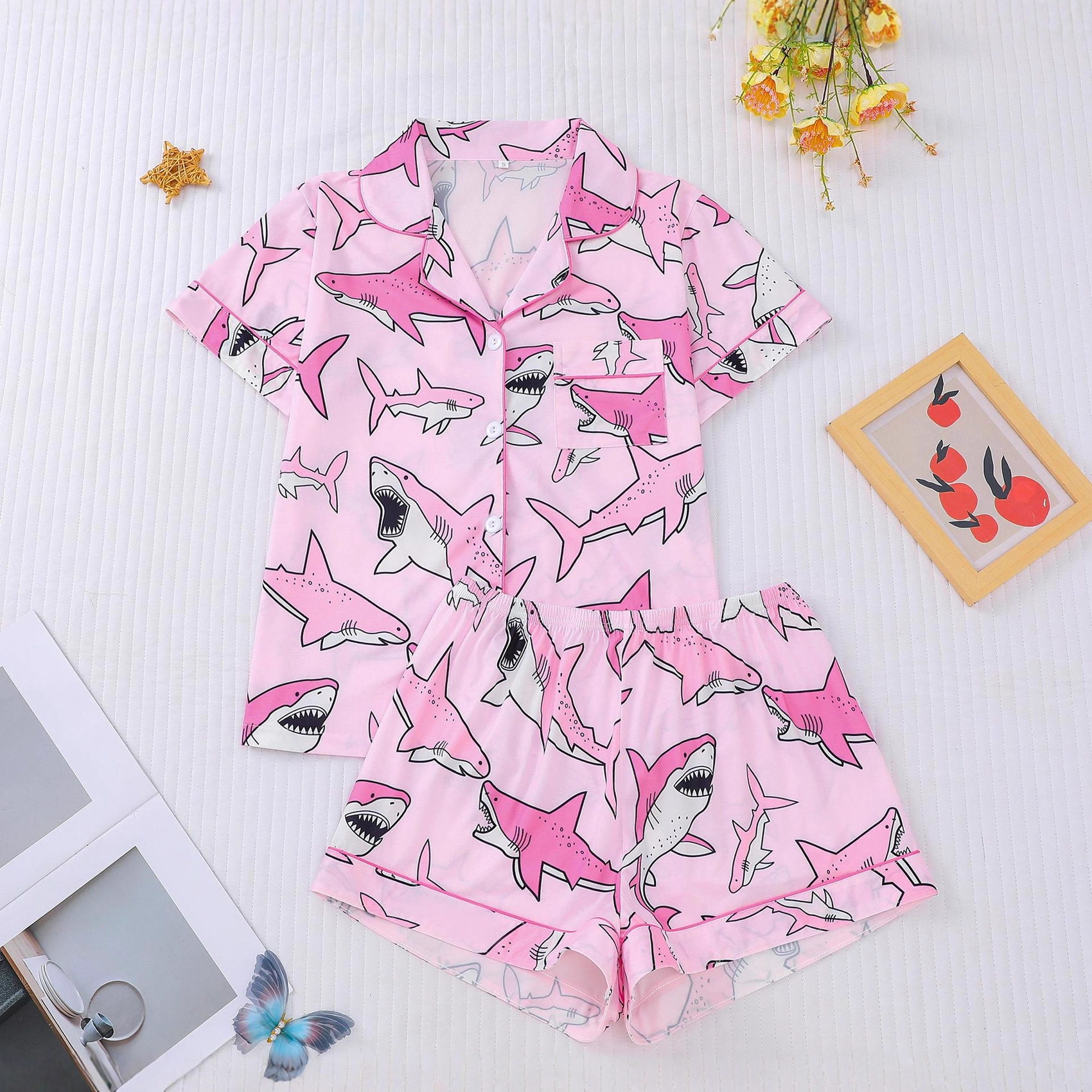 Women's Cuban Collar Shark Print Short Sleeve Shirt Set