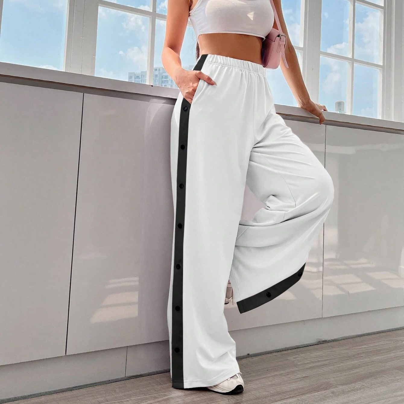 Women's Color-Block Button Wide-Leg Jogger Pants Casual Loose Fit