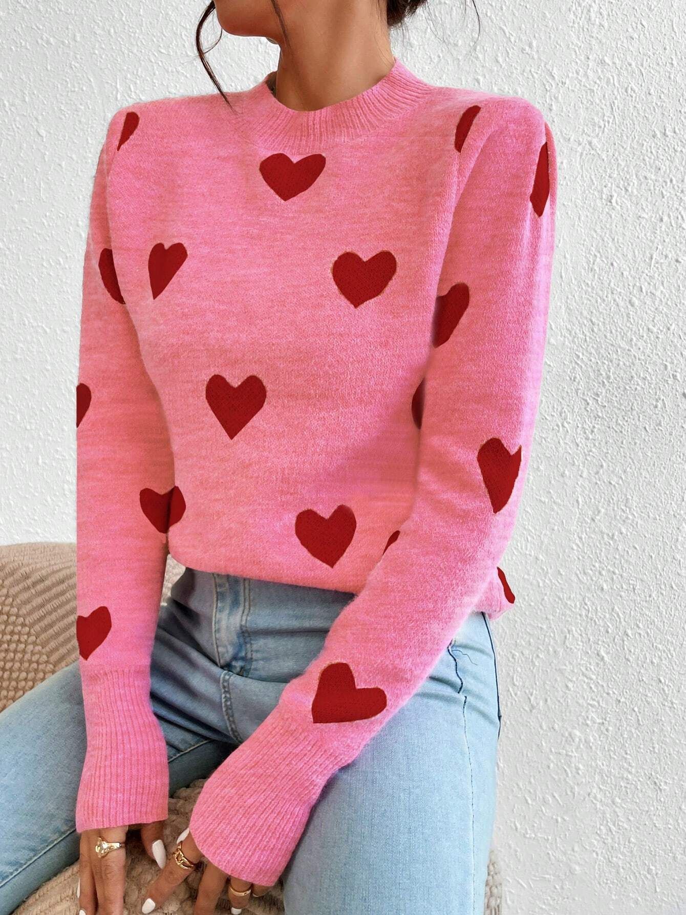 Heart Jacquard Long-Sleeve Crewneck Pullover Sweater