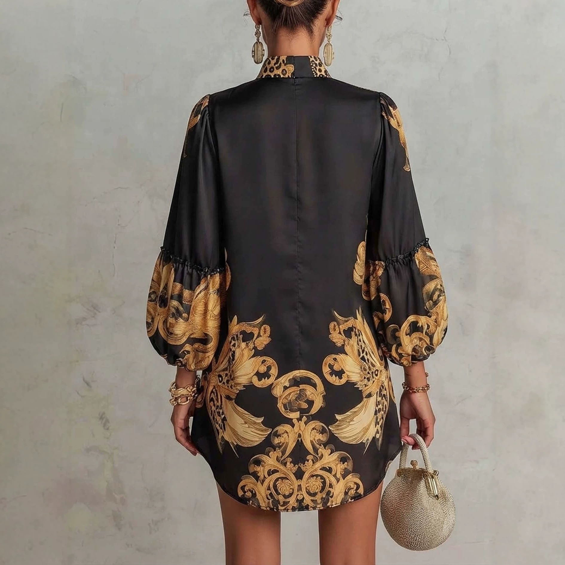 Leopard Print Gold Floral Spliced Satin Dress with Stand Collar and Lantern Sleeves