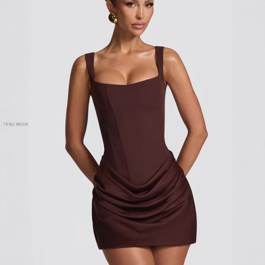 Women's Sleeveless Square Neck Bodycon Mini Dress with Waist Tie