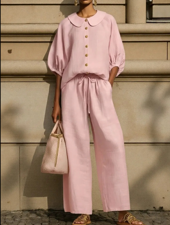 Women's Cotton-Linen Lantern Sleeve Shirt & Drawstring Pants Set