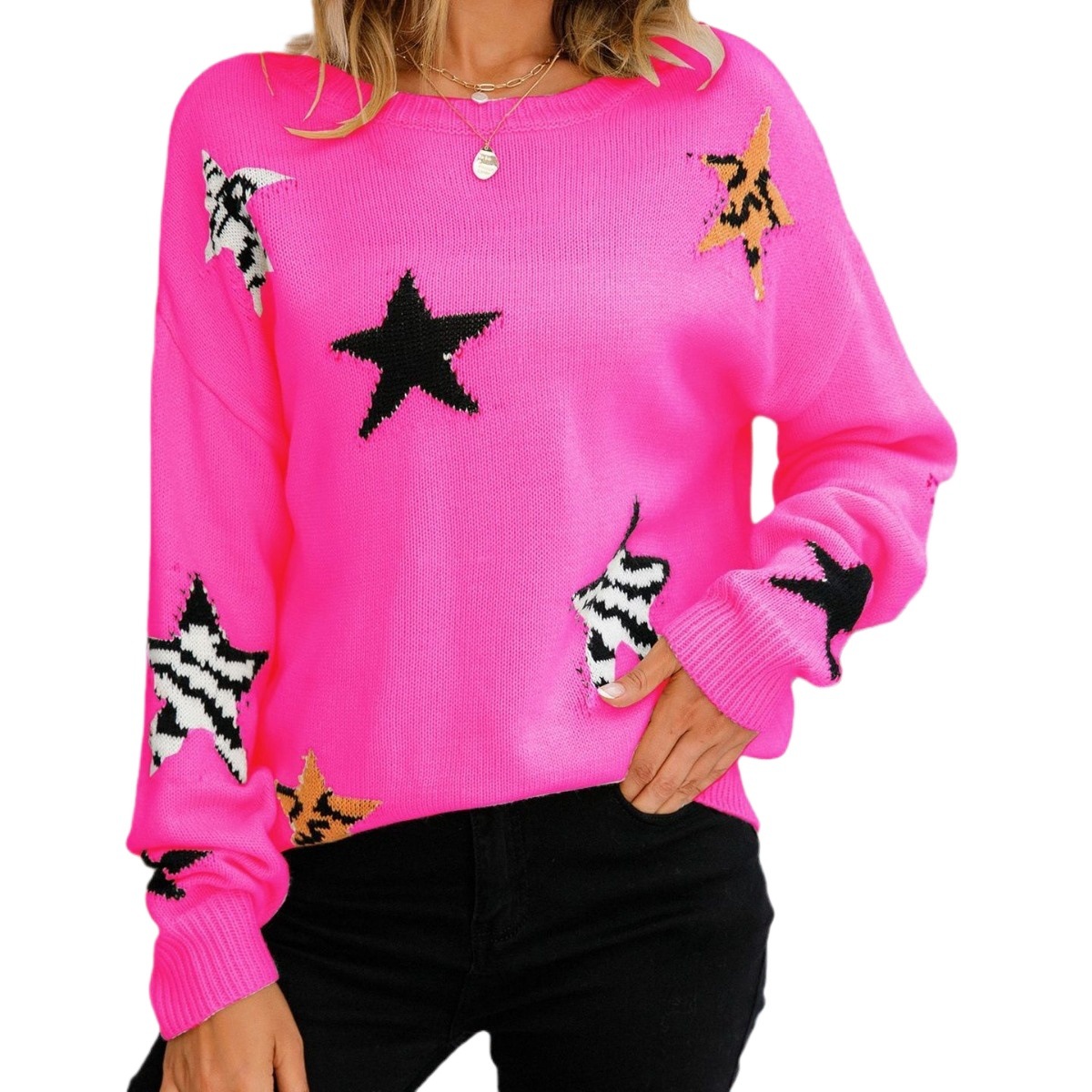 Women's Star Print Crewneck Long Sleeve Knit Sweater