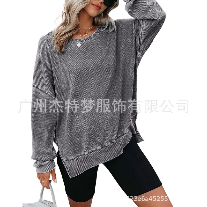Women's Waffle Knit Crewneck Long Sleeve Side Slit Pullover Top