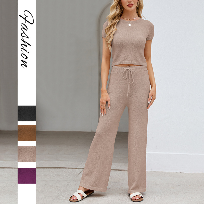 Women's Solid Knit Short Sleeve Top and Pants Set