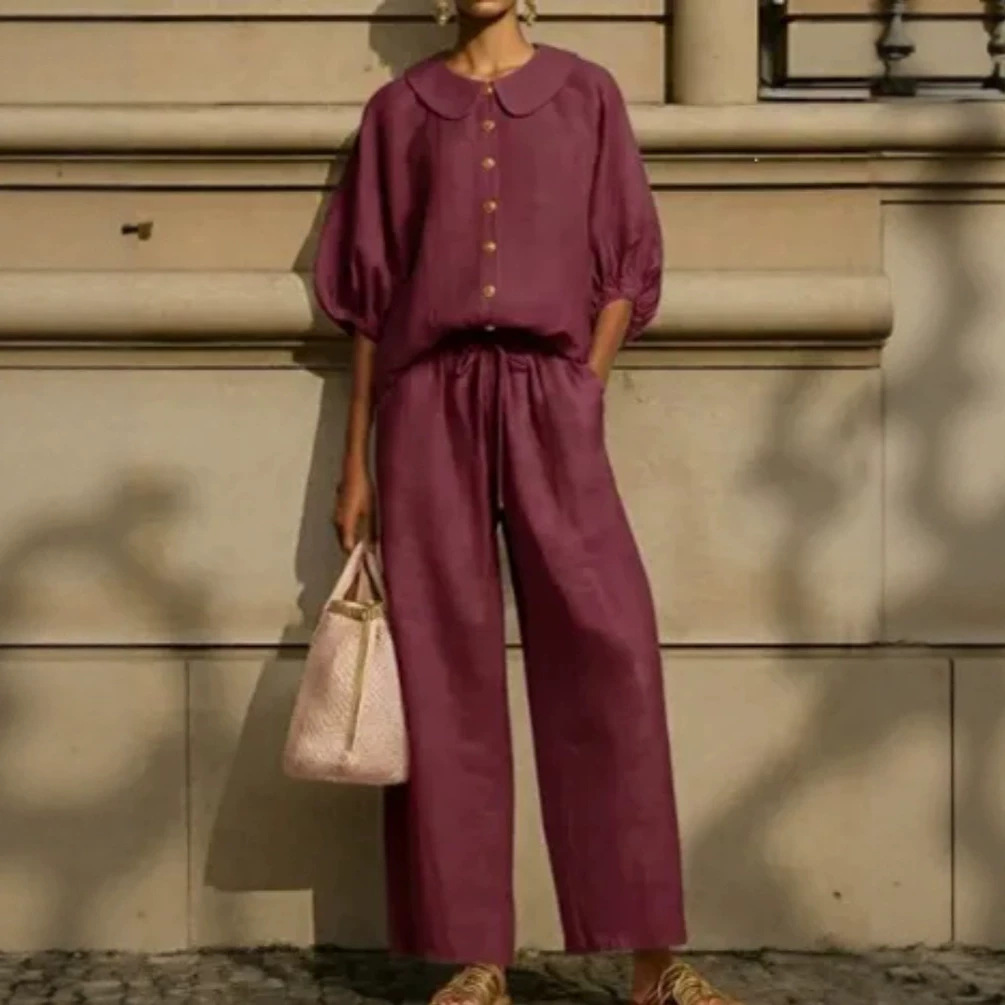 Women's Linen-Blend Collared Shirt and Wide-Leg Pants Set Casual Two-Piece