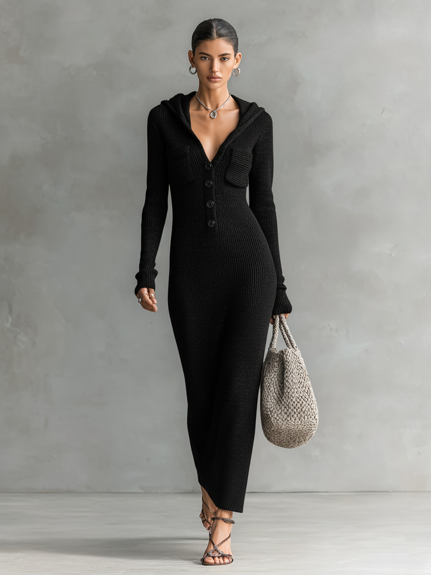 Women's Slimming Half-Open Collar Hooded Knit Sweater Dress