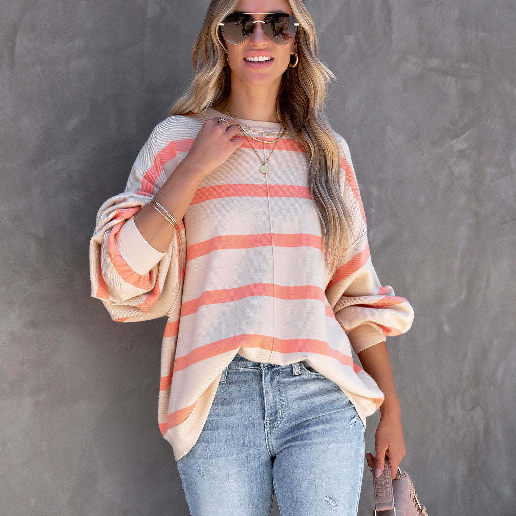 Striped Color-Block Loose Crewneck Sweater