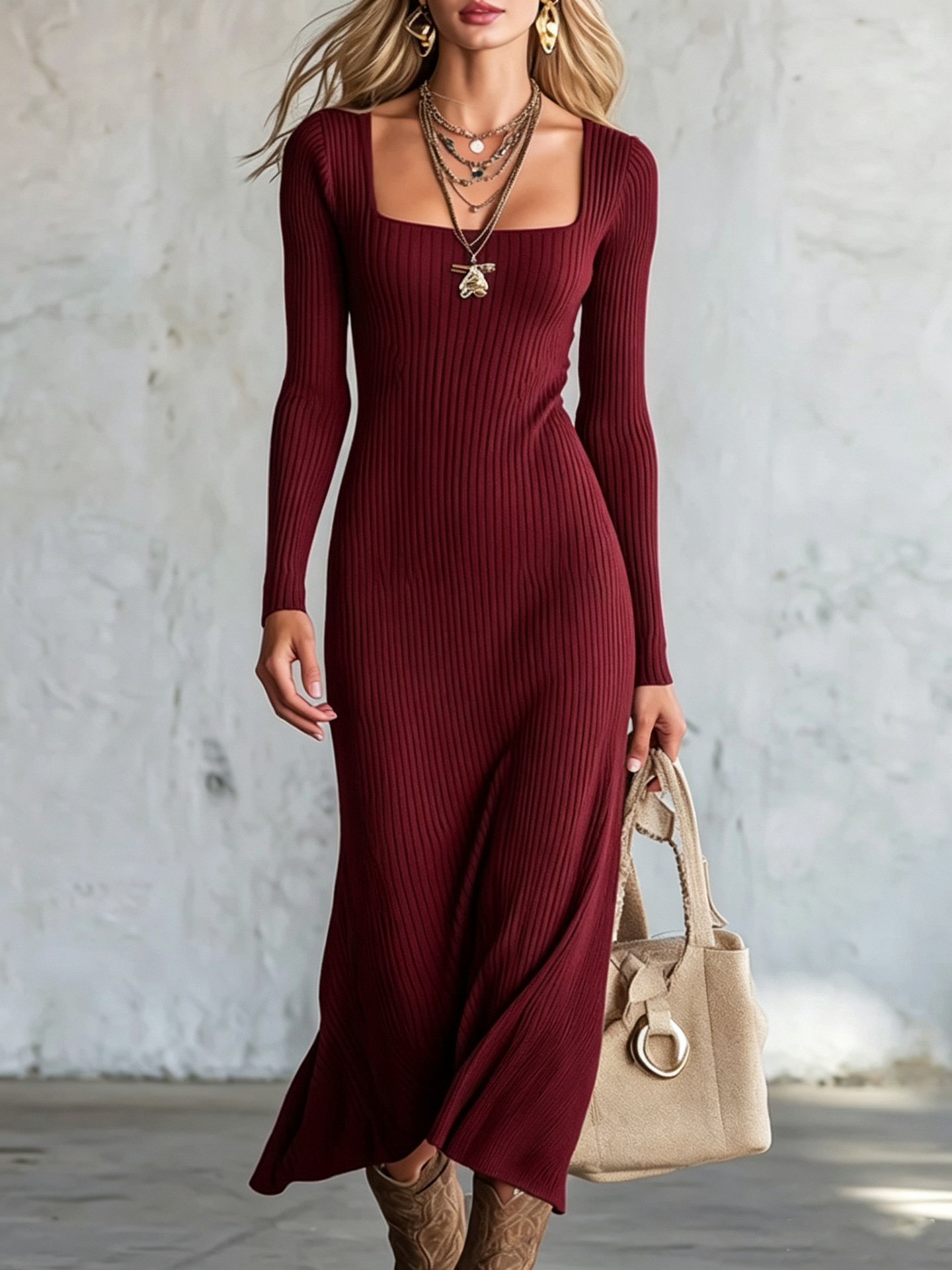 Square Neck Ribbed Knit Long Sleeve Bodycon Mermaid Maxi Dress